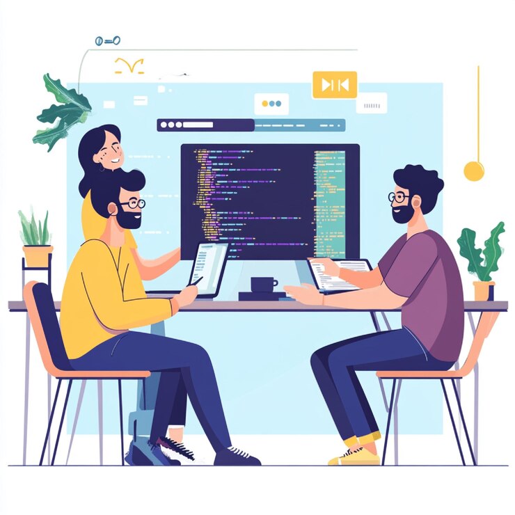 Foto un equipo de programadores colaborando en un proyecto de software en una oficina moderna
