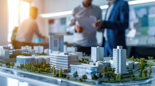 equipo de promotores inmobiliarios y empresarios trabajando en un nuevo proyecto de parque empresarial moderno en la oficina