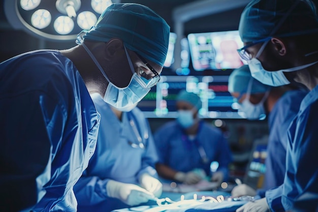 Foto equipo quirúrgico concentrado realizando una operación en una sala de operaciones moderna