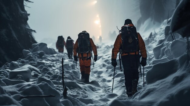 El equipo de rescate navega a través de una traicionera tormenta de nieve en busca de personas desaparecidas enterradas en una avalancha Concepto de respuesta de emergencia