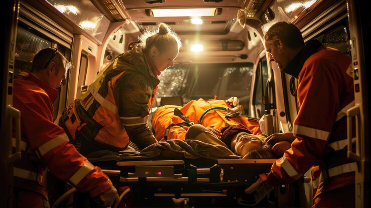 Foto el equipo de respuesta de emergencia trabaja de noche en una ambulancia que proporciona atención de emergencia a los enfermos