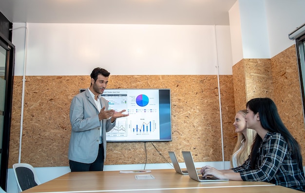 Equipo de reunión de hombres de negocios para ventas y marketing de objetivos y planes