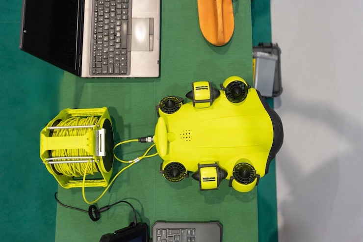 Foto equipo robótico amarillo equipo industrial de drones submarinos para ciencia o militar