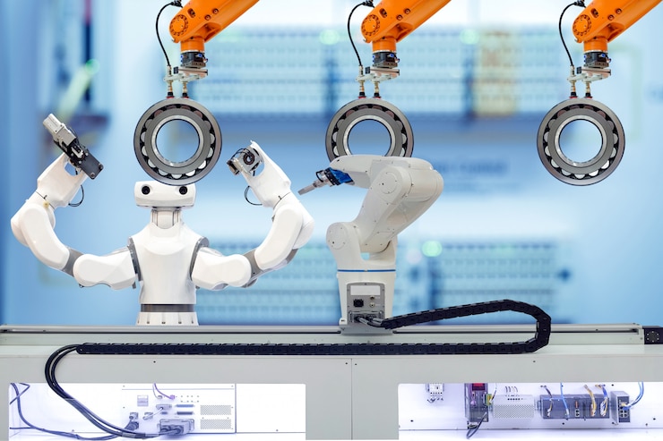 Foto equipo robótico industrial que trabaja con rodamientos de rodillos a través de un robot de pieza de trabajo en fábrica inteligente