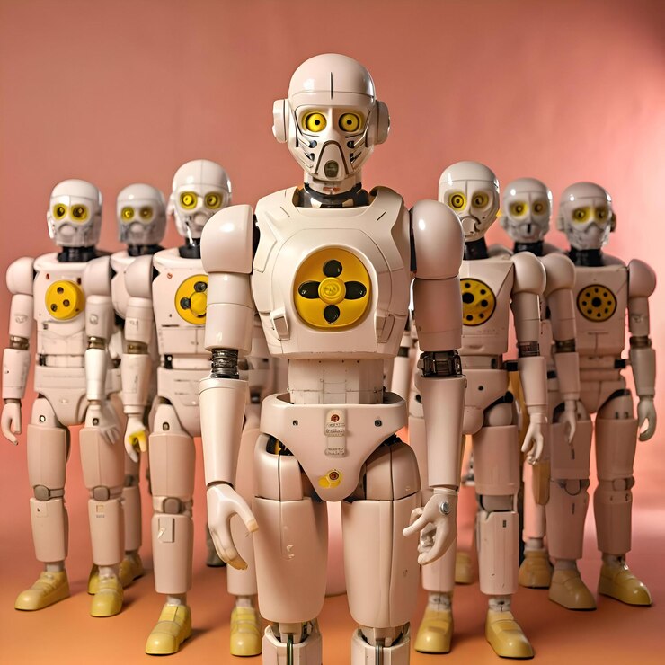 Foto un equipo de robots futuristas con acentos amarillos está en fila listo para asumir cualquier tarea
