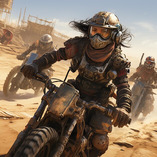 Foto un equipo de roller derby compitiendo a través de un desierto post-apocalíptico estilo arte digital de mad max