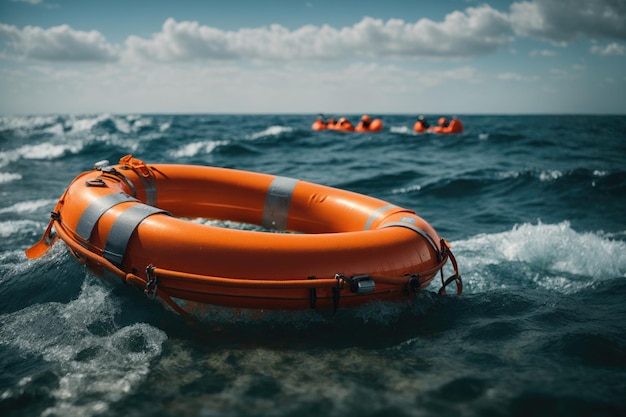 Equipo de seguridad Aro salvavidas naranja en el mar azul ai generativo