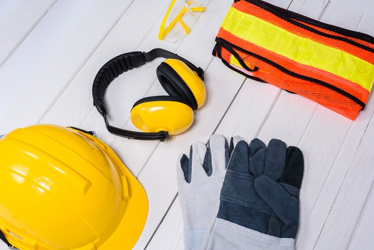 Equipo de seguridad de construcción estándar en la mesa de madera