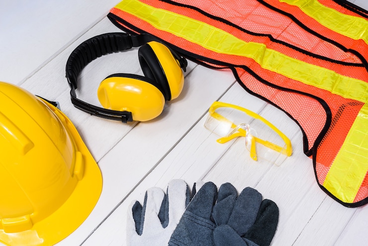 Equipo de seguridad de construcción estándar en la mesa de madera