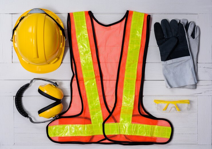 Equipo de seguridad de construcción estándar en la mesa de madera