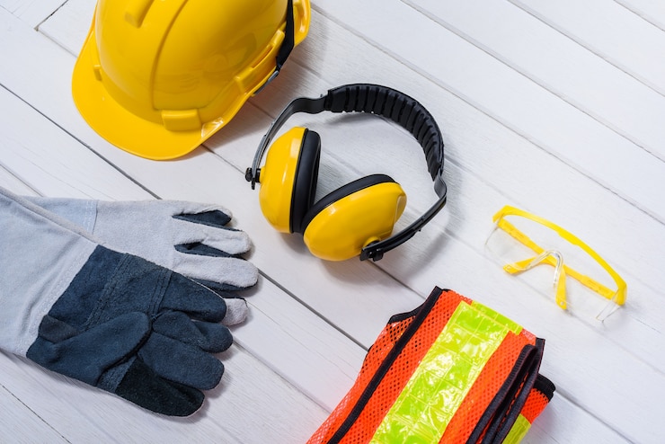 Equipo de seguridad estándar de la construcción en el fondo de madera blanco. primeros conceptos de seguridad