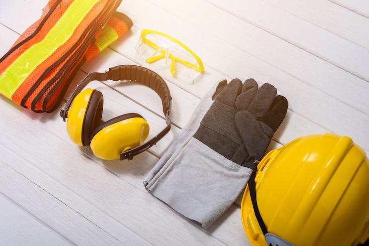 Equipo de seguridad estándar de la construcción en el fondo de madera blanco. primeros conceptos de seguridad