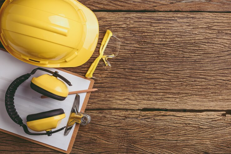 Equipo de seguridad en el fondo de madera con espacio de copia