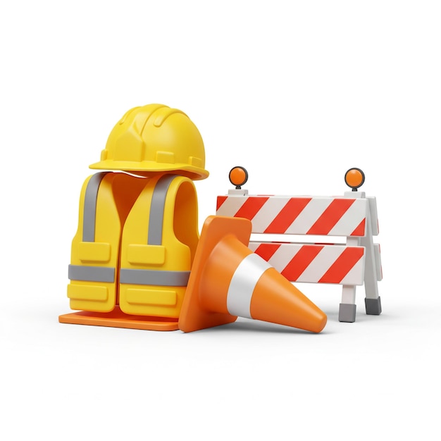 Equipo de seguridad en el sitio de construcción, incluido el cono del chaleco y la barricada