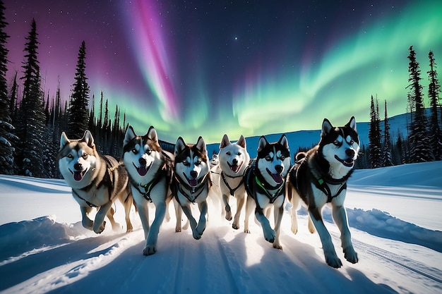 Un equipo de seis perros de trineo husky corriendo por un camino desierto nevado en el norte de Canadá bajo la aurora boreal y la luz de la luna