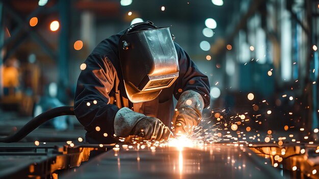 Un equipo de soldadores trabajando en una unión metálica de soldadura por arco en un espacio de industria pesada IA generativa