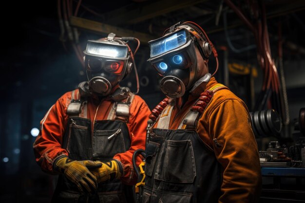 Equipo de soldadores con uniforme y máscaras listos para trabajar