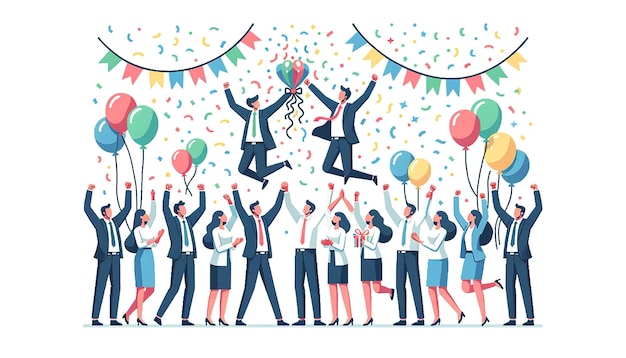 El equipo de Startup celebra el hito de los globos de confeti amplificadores HighFives en ilustración plana