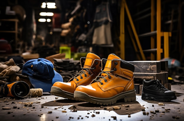 equipo técnico de un experto en construcción compuesto por botas de seguridad y casco protector