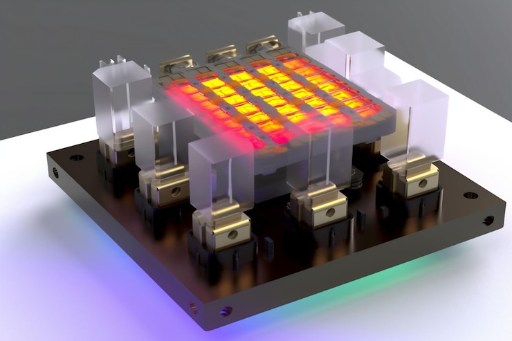 Foto equipo de tecnología de producción de electricidad electrónica de luz brillante lámpara led industrial ia generativa