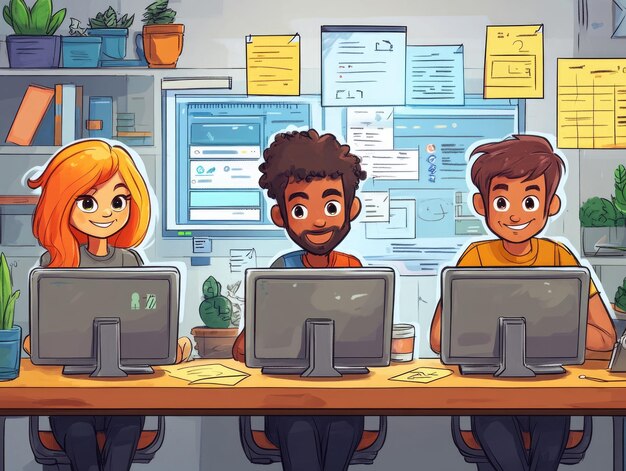 El equipo tecnológico dinámico de dibujos animados innova una nueva aplicación de software