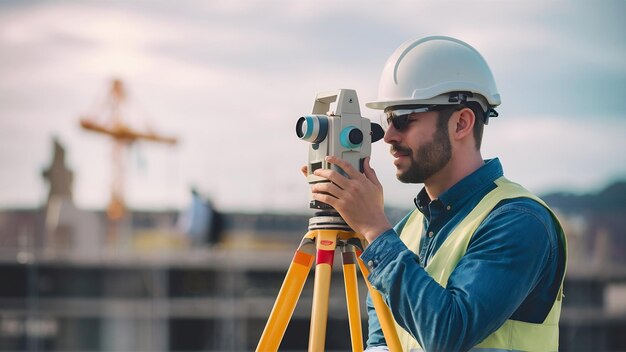 Foto equipo de topografía taquímetro o teodolito al aire libre en el sitio de construcción