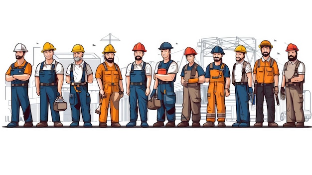 Un equipo de trabajadores de la construcción están unidos representando varios roles laborales en la industria