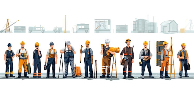 Un equipo de trabajadores de la construcción están unidos representando varios roles laborales en la industria