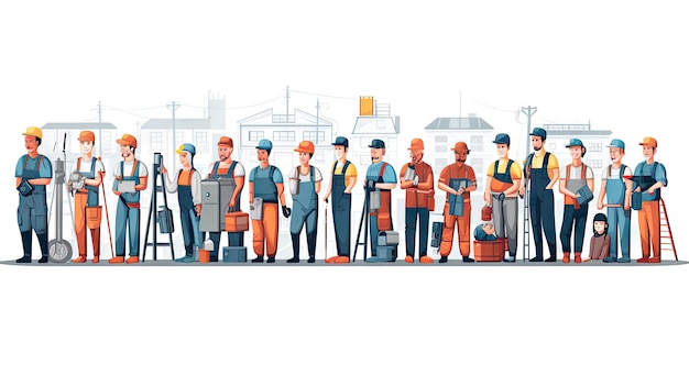 Un equipo de trabajadores de la construcción están unidos representando varios roles laborales en la industria