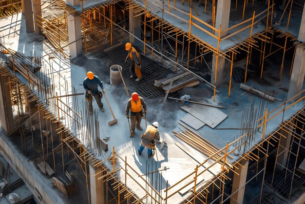 Un equipo de trabajadores de la construcción trabaja en la fundación de una casa contemporánea