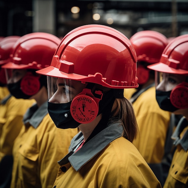 equipo de trabajadores en un industrial con uniformes rojos y cascos amarillos Ai generado