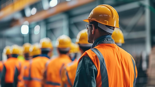 Un equipo de trabajadores industriales con cascos y chalecos de seguridad en un sitio de construcción