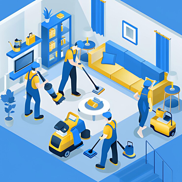 Equipo de trabajadores limpiando y desinfectando habitaciones de hospitales