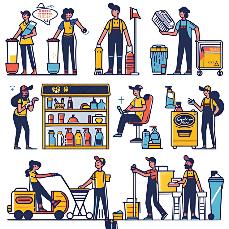 Foto equipo de trabajadores limpiando y desinfectando habitaciones de hospitales