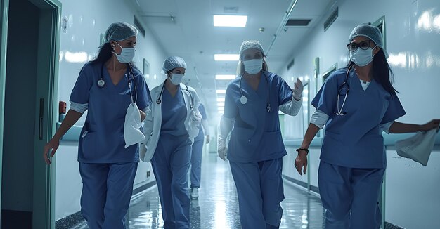 Un equipo de trabajadores de la salud caminando por el pasillo del hospital con trajes y máscaras protectoras