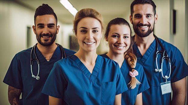 Equipo de trabajadores de la salud en un hospital sonriendo a la cámara