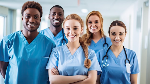Equipo de trabajadores de la salud en un hospital sonriendo a la cámara