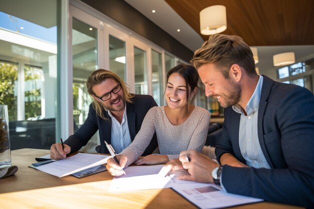 Equipo de trabajo firmando un contrato de cerca fondos de la oficina