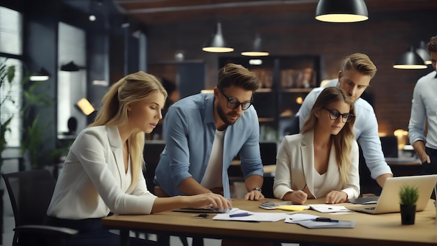 Equipo en el trabajo Grupo de jóvenes empresarios con ropa casual elegante trabajando juntos