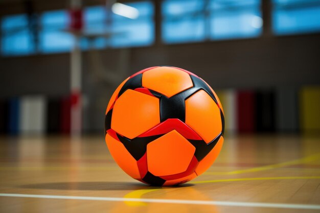 Foto equipo utilizado en korfball pelota de fútbol naranja en el suelo de gimnasio de madera pulida