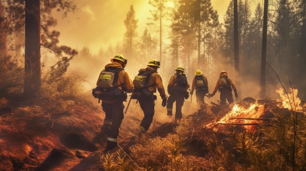 Equipo de valientes bomberos mientras apagan un incendio forestal