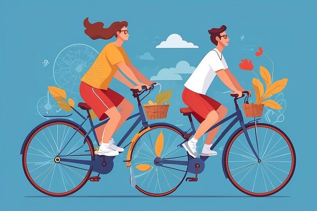 Equipo de viaje coordinado en una bicicleta en tándem enfatizando el equilibrio y la coordinación Ilustración vectorial de estilo plano