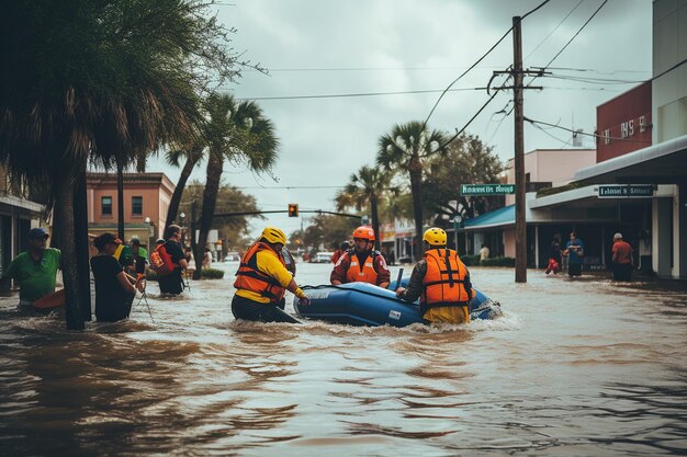 Equipos de búsqueda y rescate que utilizan botes para navegar por áreas inundadas