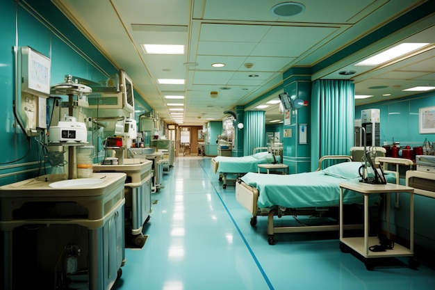 Equipos y dispositivos médicos en una sala de hospital moderna.