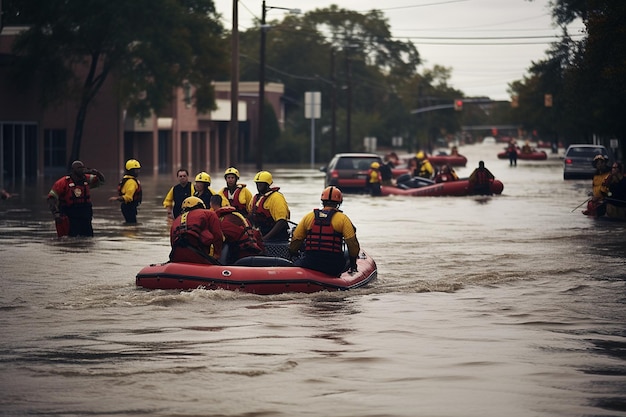 Equipos de emergencia que realizan rescates en aguas en zonas inundadas