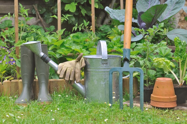 Equipos de jardinería en jardín