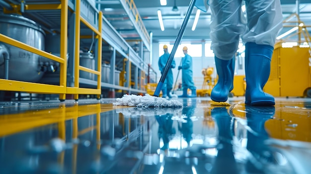 Equipos de limpieza de instalaciones industriales en acción Trabajadores con equipo de protección Limpieza de pisos en una fábrica Servicios de higiene y mantenimiento Ambiente limpio en el lugar de trabajo IA