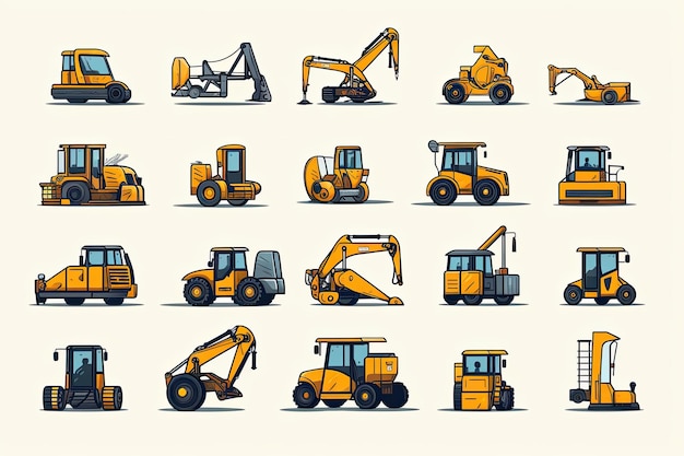 Equipos y maquinaria de construcción iconos planos ilustrativos