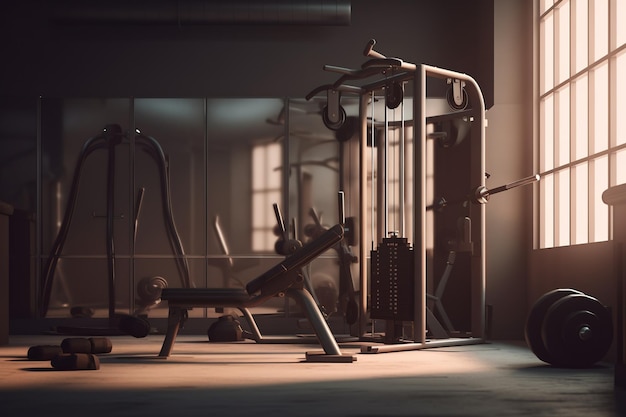 Equipos y máquinas en el interior del moderno gimnasio Sala de fitness con fondo de concepto de culturismo de equipo Entrenamiento funcional Crossfit Practicar levantamiento de pesas