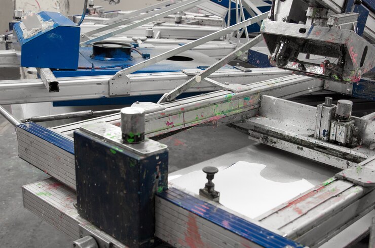 Foto equipos y máquinas para pintar telas en una fábrica de ropa closeup